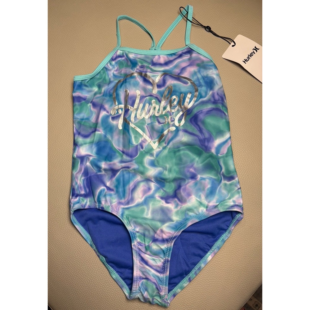 Hurley Girls size 5/6 Swimsuit One Piece Purple Blue Green. NWT.